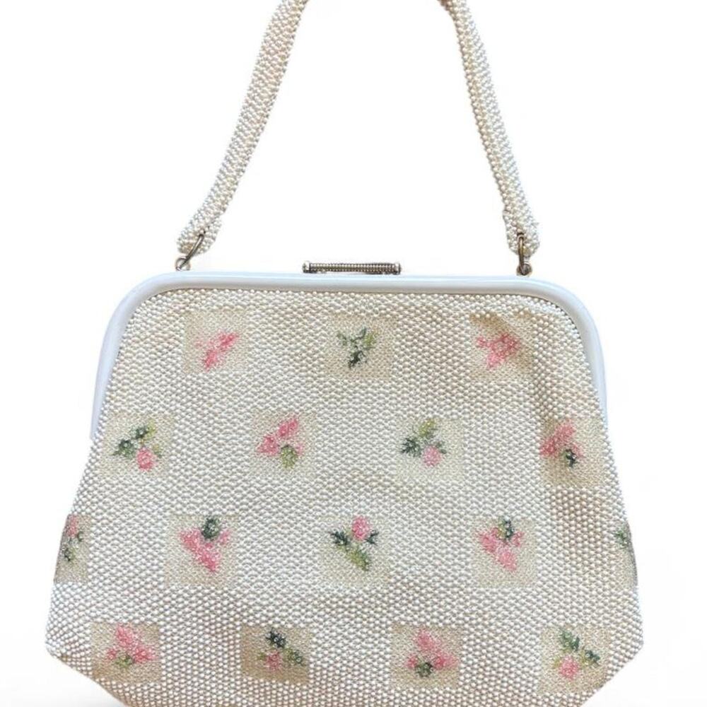 60s Vintage White Beaded Handbag and clutch – Coquette Floral Pearl Purse